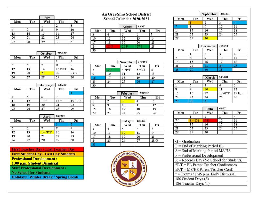 Au GresSims School District 202021 School Year Calendar Au Gres