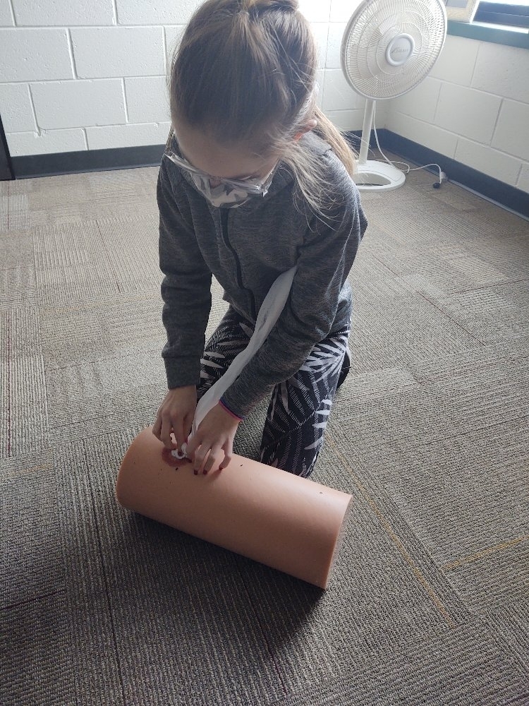 7th graders in Mrs. Stanley's health class were able to do some hands on learning the last few days. students learned how to pack a wound and apply a tourniquet. 