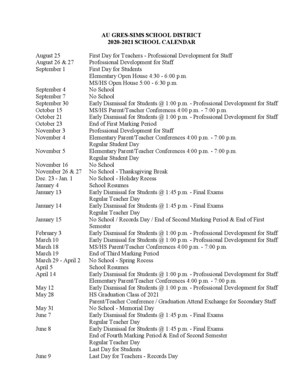 Au Gres-Sims School District 2020-21 School Year Calendar | Au Gres-Sims School  District